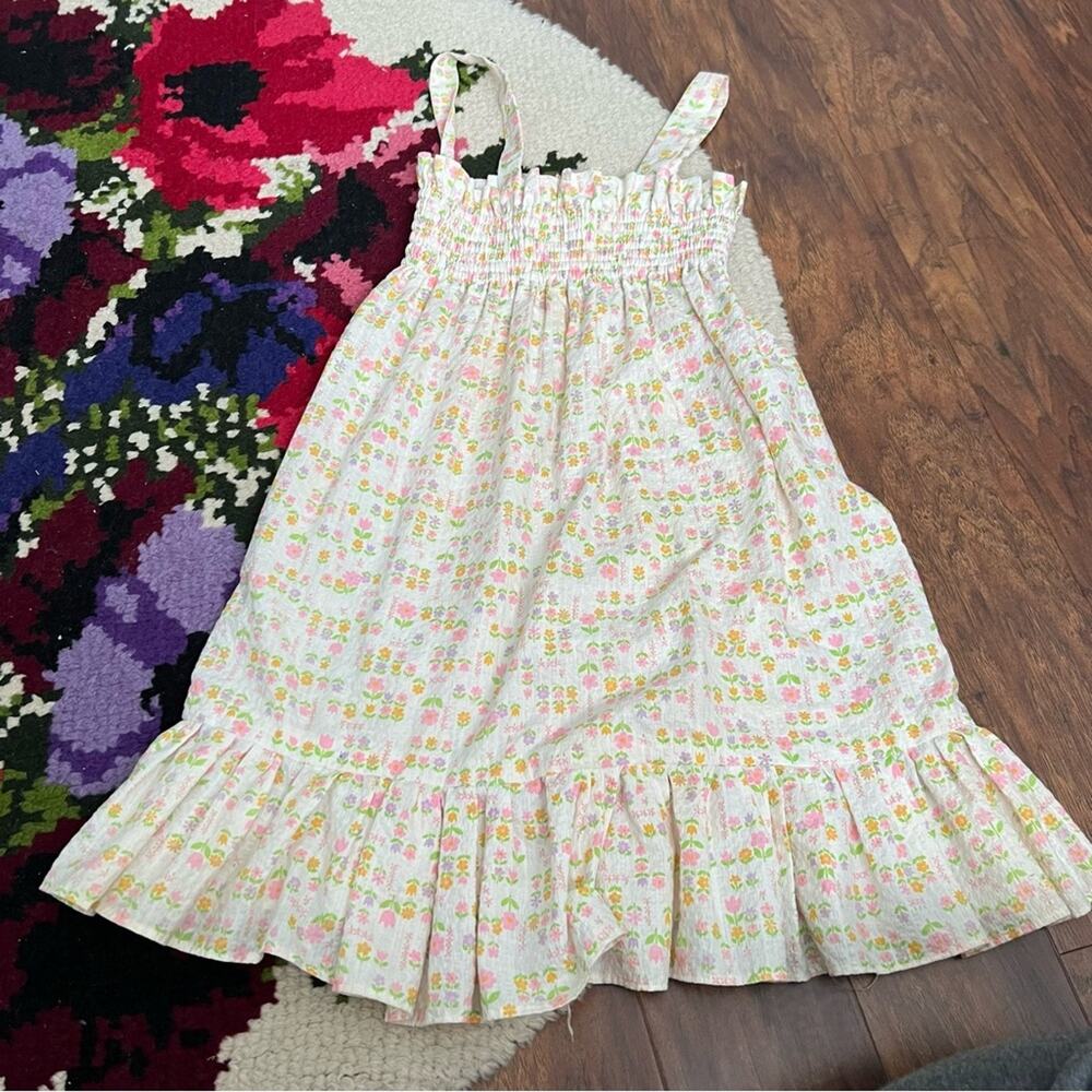 Vintage 1980s Girl’s White Floral Ruched Ruffle Midi Dress